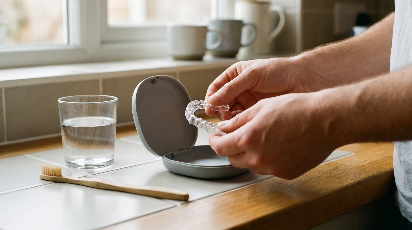 Hands lifting a clear aligner from its case beside a glass of water and a toothbrush