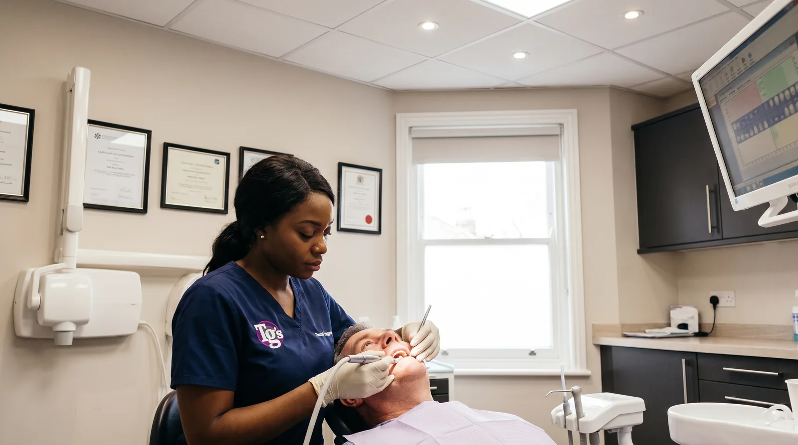 Dental hygienist carrying out a scale and polish for a patient in a bright treatment room