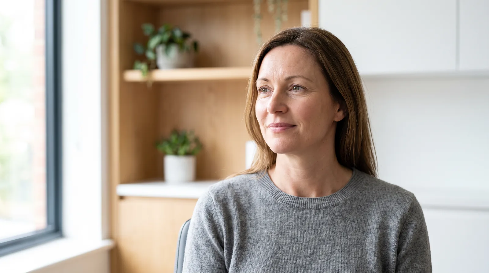Patient in a calm consultation room before a facial aesthetics assessment