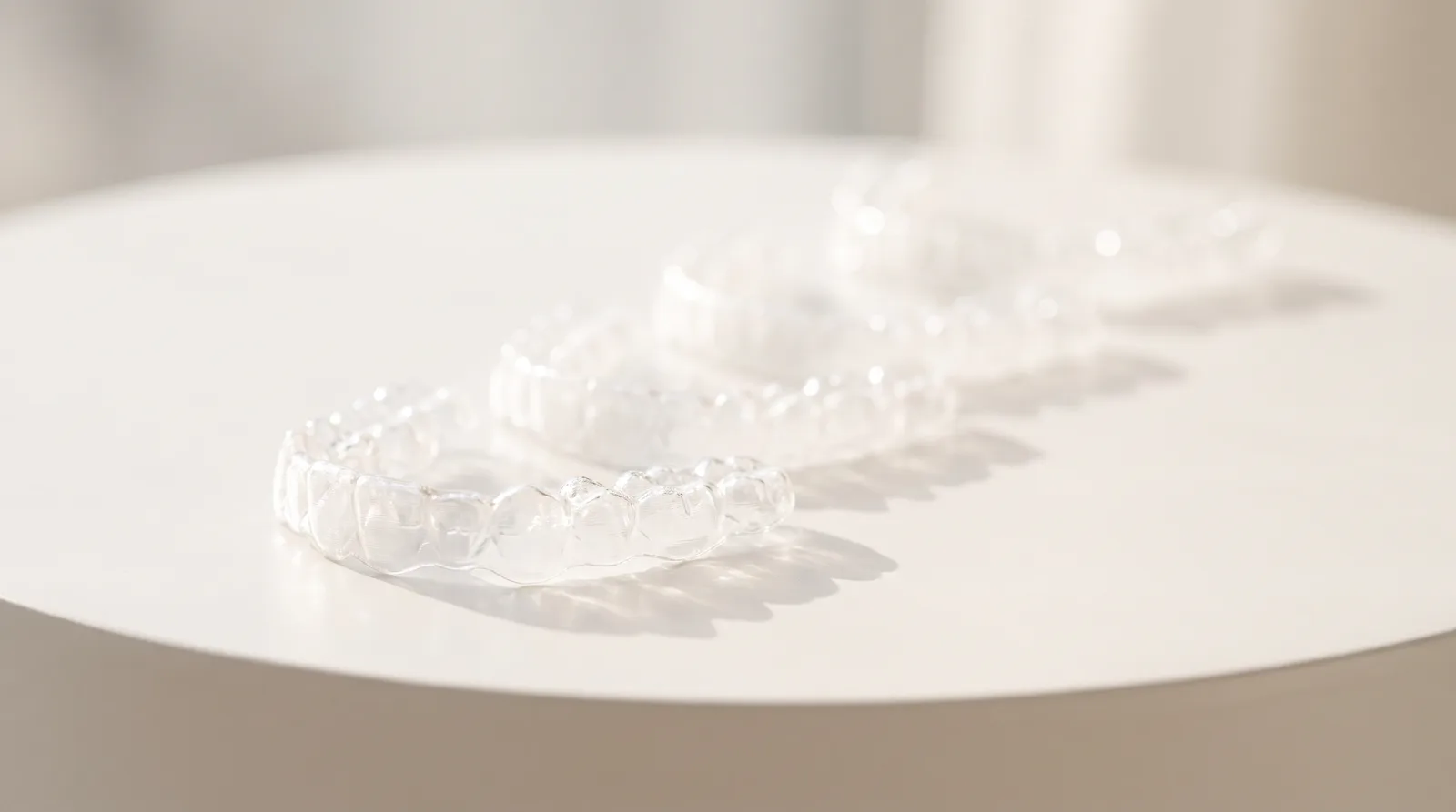 Clear aligner trays arranged to show treatment progressing month by month